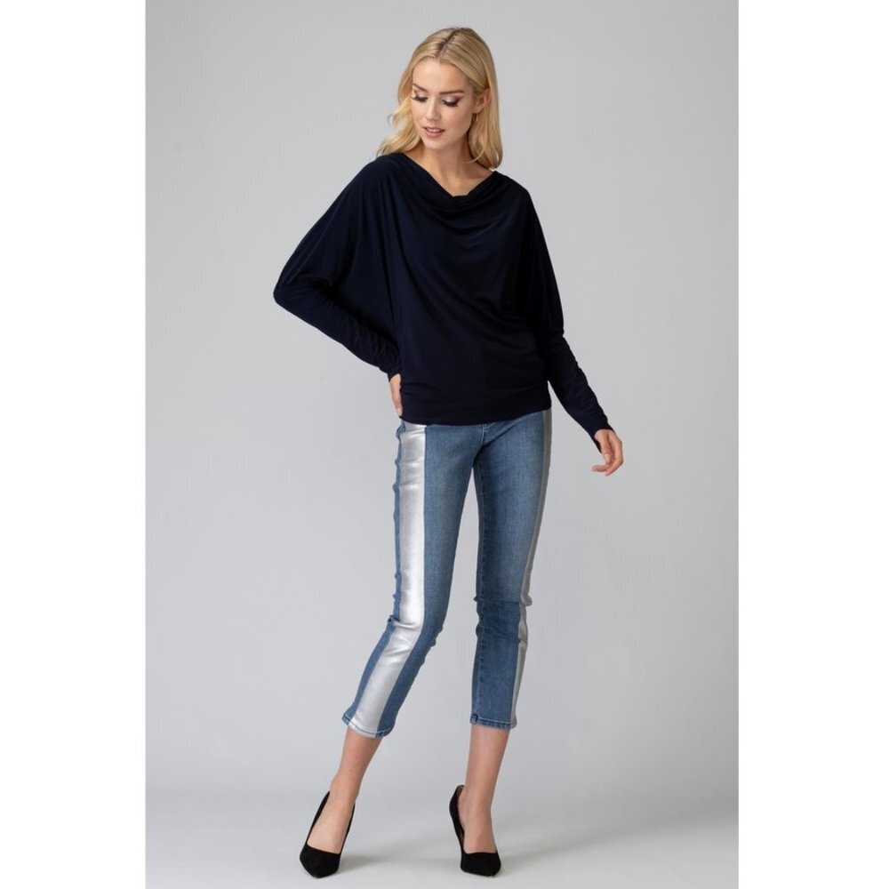 NWOT Joseph Ribkoff Mid Waist Crop Denim Jean with Silver Strip Accent Blue 8